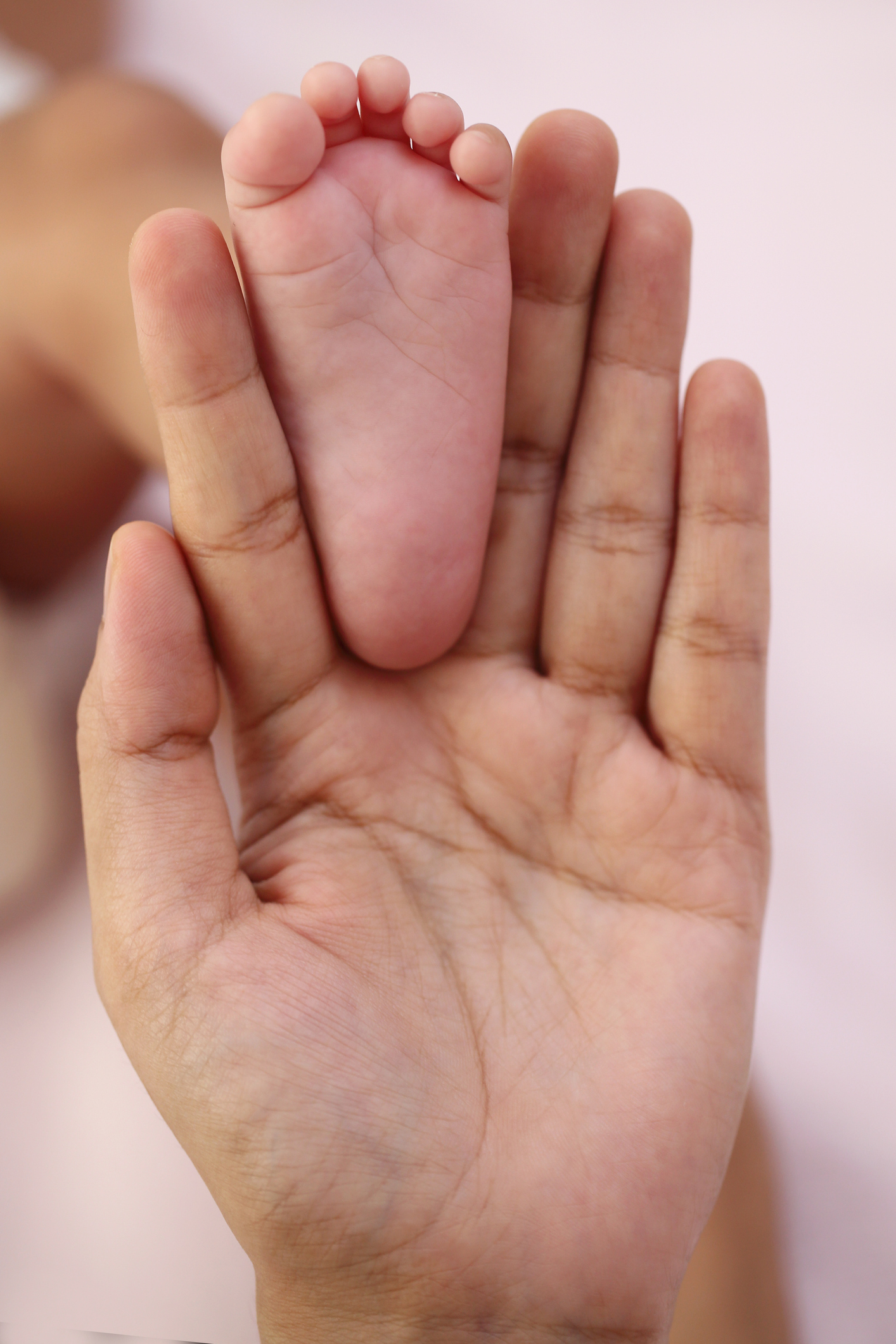 Close up of newborn baby leg and parent hand