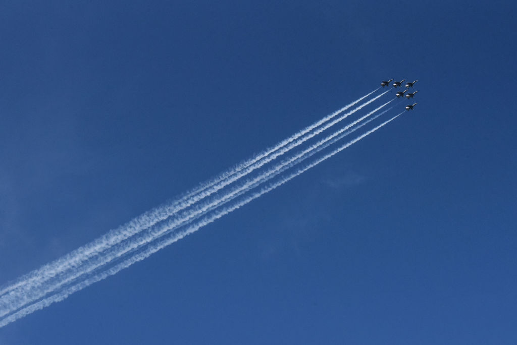 Royal Air Force Red Arrows Join The U.S. Air Force Thunderbirds For NYC Flyover