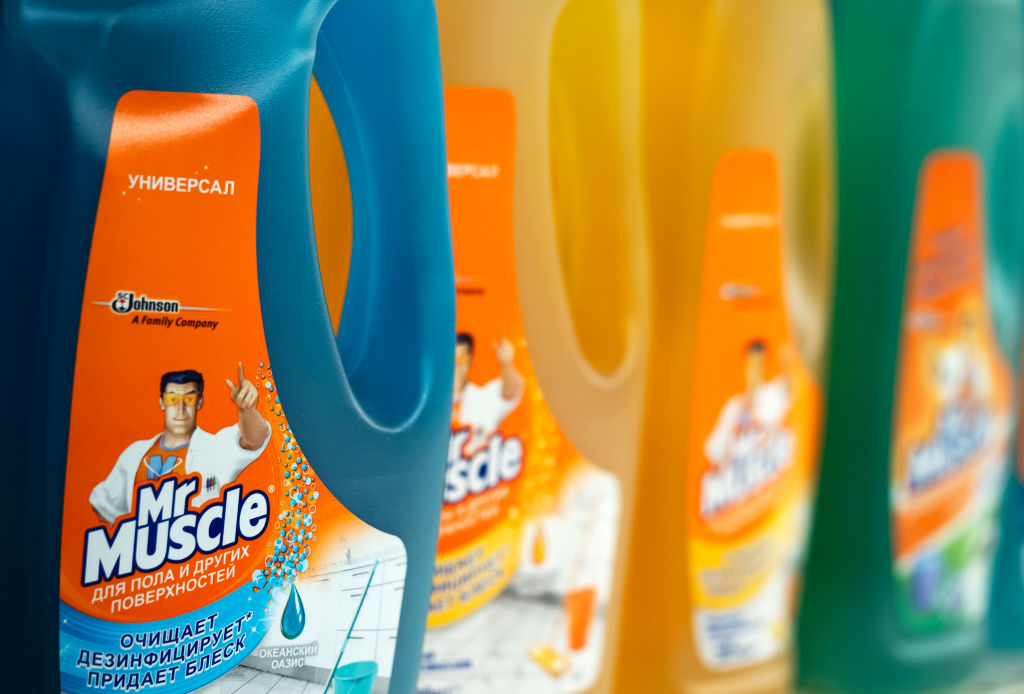 Floor cleaner and Mr. Muscle on a shelf in a store...